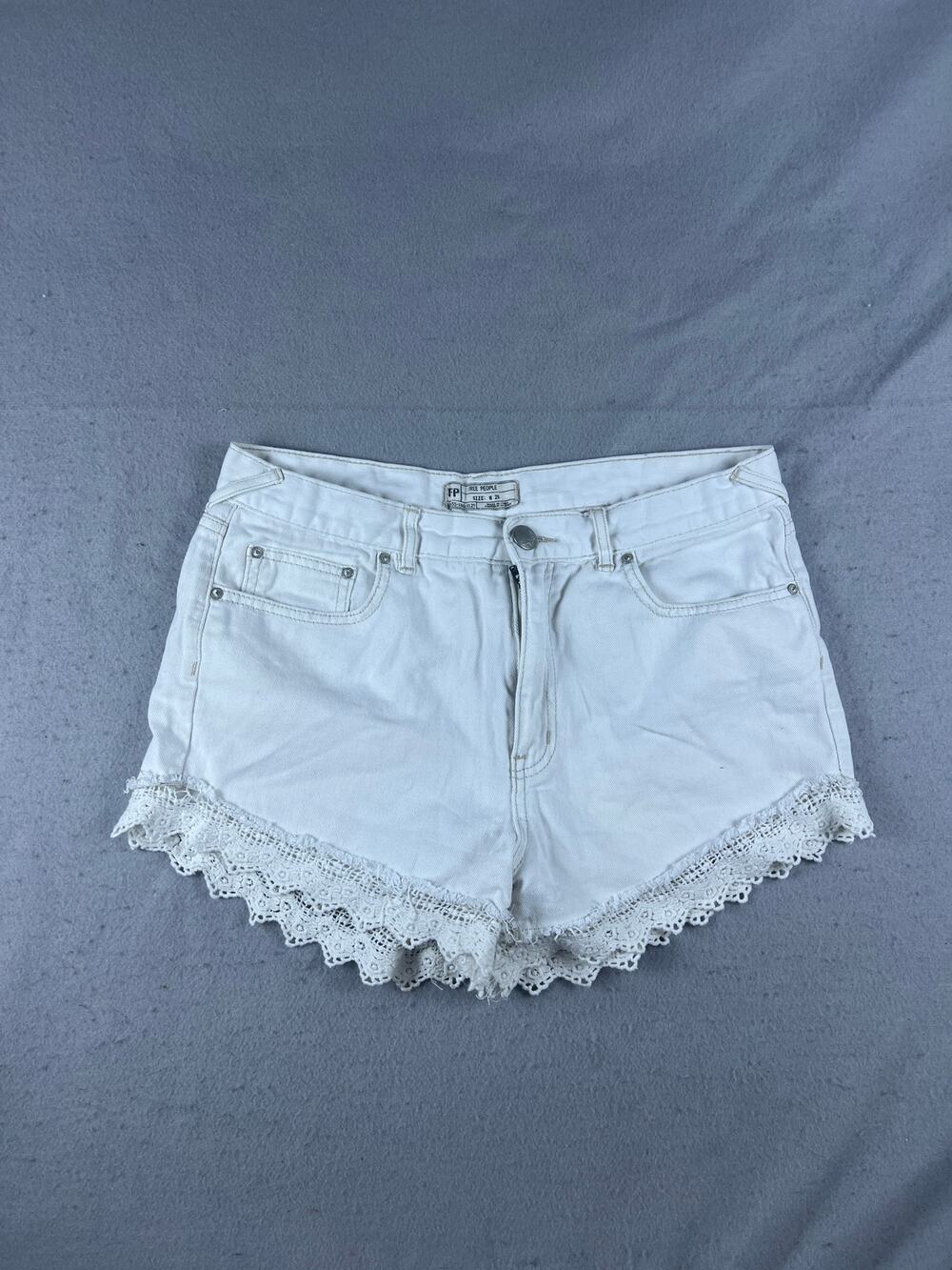 Free People Denim Cutoff Shorts Womens 29 White Floral Lace Trim Boho Festival
